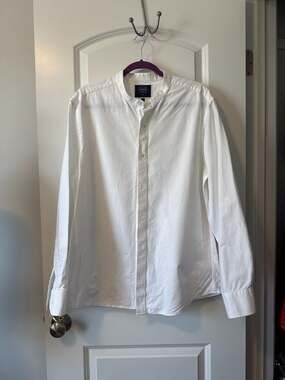 Charles Tyrwhitt White Cotton Linen Slim Fit Band Collar Shirt Size L